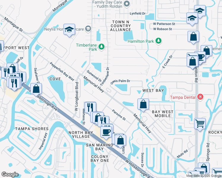 map of restaurants, bars, coffee shops, grocery stores, and more near 10215 Villa Palazzo Court in Tampa