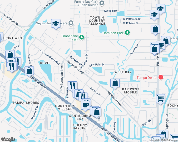 map of restaurants, bars, coffee shops, grocery stores, and more near 10215 Villa Palazzo Court in Tampa
