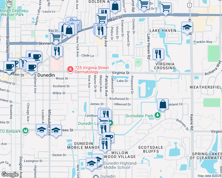 map of restaurants, bars, coffee shops, grocery stores, and more near 689 Oakwood Drive in Dunedin