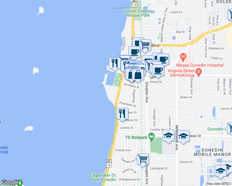map of restaurants, bars, coffee shops, grocery stores, and more near 600 Edgewater Drive in Dunedin
