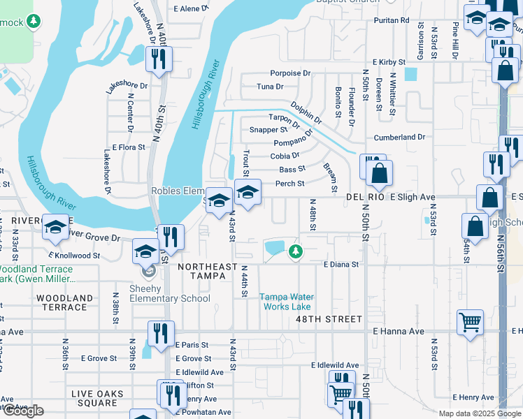 map of restaurants, bars, coffee shops, grocery stores, and more near 4405 East Sligh Avenue in Tampa