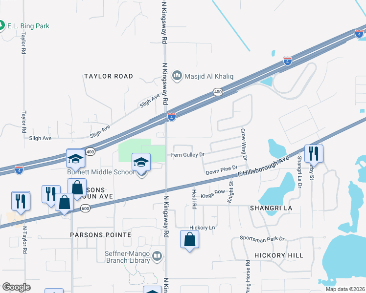map of restaurants, bars, coffee shops, grocery stores, and more near 1109 Fennel Green Drive in Seffner