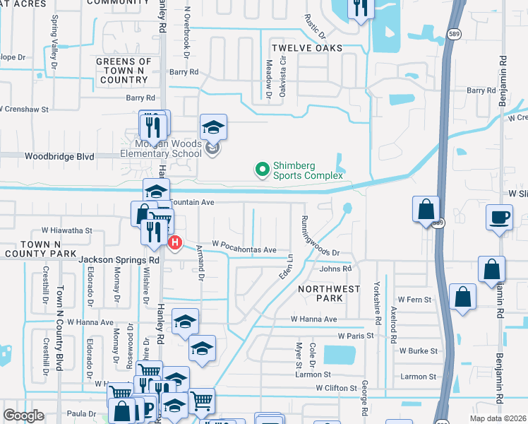 map of restaurants, bars, coffee shops, grocery stores, and more near 6816 Dickinson Court in Tampa