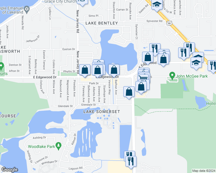 map of restaurants, bars, coffee shops, grocery stores, and more near 2909 Venice Way in Lakeland