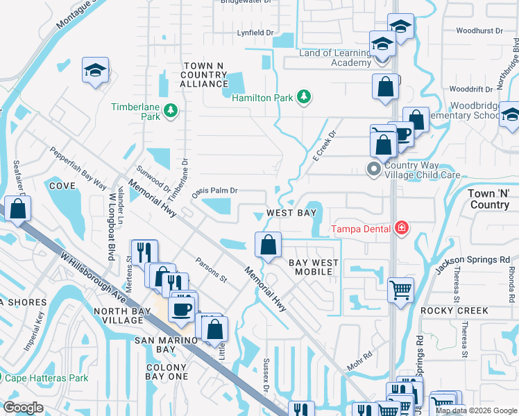 map of restaurants, bars, coffee shops, grocery stores, and more near 10004 Oasis Palm Drive in Tampa