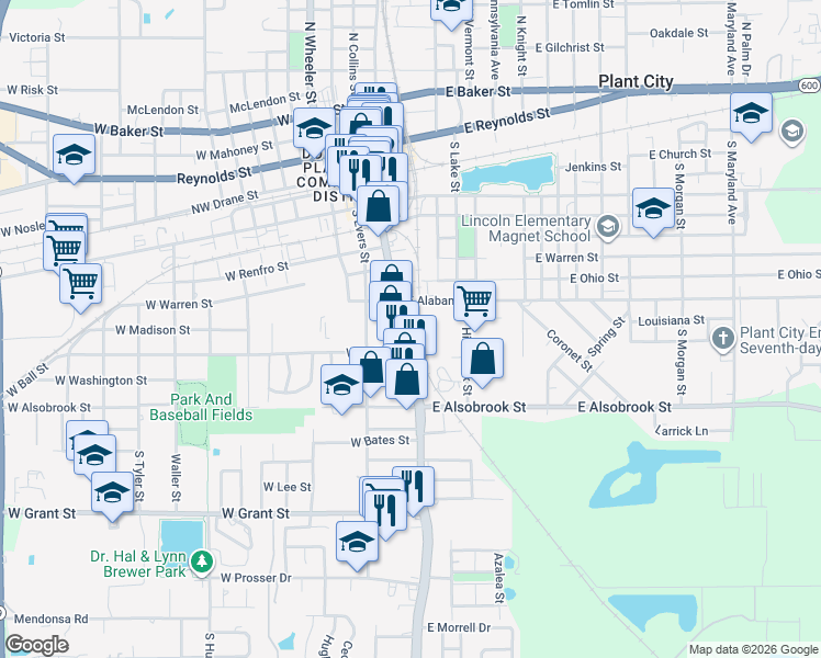 map of restaurants, bars, coffee shops, grocery stores, and more near 618 South Collins Street in Plant City