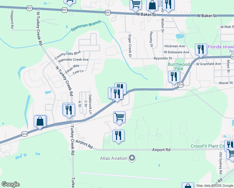 map of restaurants, bars, coffee shops, grocery stores, and more near 4002 Florida 574 in Plant City