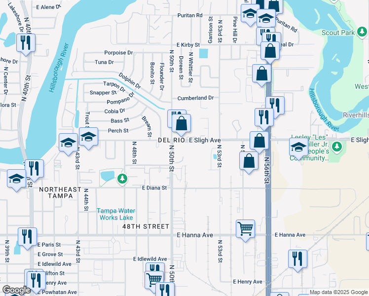 map of restaurants, bars, coffee shops, grocery stores, and more near 6601 North 50th Street in Tampa