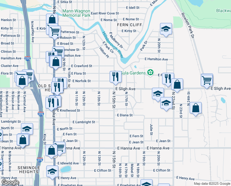 map of restaurants, bars, coffee shops, grocery stores, and more near 6808 North 15th Street in Tampa