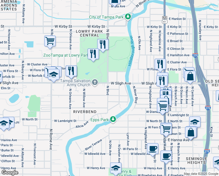 map of restaurants, bars, coffee shops, grocery stores, and more near 811 West Hiawatha Street in Tampa