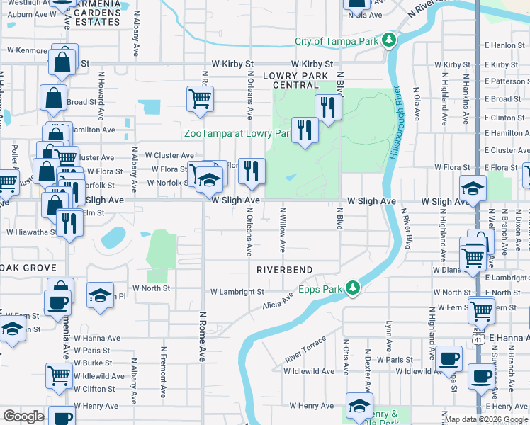 map of restaurants, bars, coffee shops, grocery stores, and more near 6805 North Orleans Avenue in Tampa