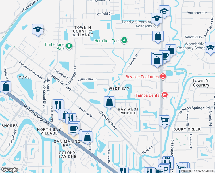 map of restaurants, bars, coffee shops, grocery stores, and more near 10004 Oasis Palm Drive in Tampa