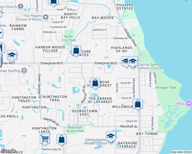 map of restaurants, bars, coffee shops, grocery stores, and more near 1707 Country Trails Drive in Safety Harbor