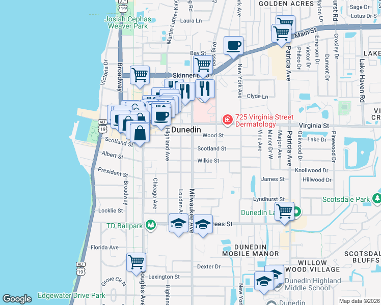 map of restaurants, bars, coffee shops, grocery stores, and more near 600 Wilkie Street in Dunedin