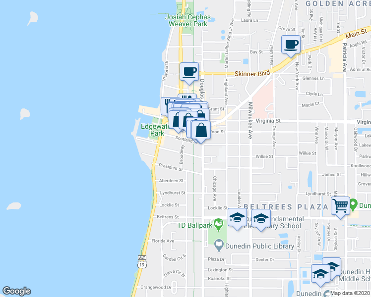 map of restaurants, bars, coffee shops, grocery stores, and more near 639 Broadway in Dunedin