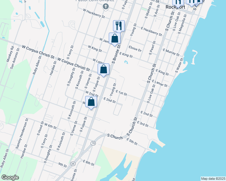 map of restaurants, bars, coffee shops, grocery stores, and more near 1508 Young Street in Rockport