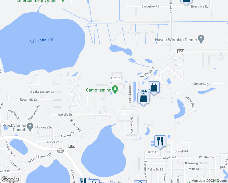 map of restaurants, bars, coffee shops, grocery stores, and more near 724 Santa Maria Drive in Winter Haven