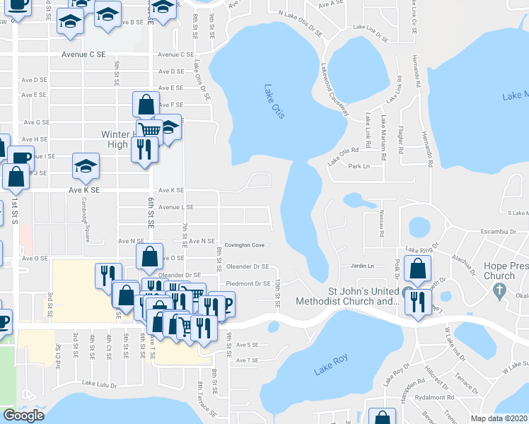 map of restaurants, bars, coffee shops, grocery stores, and more near 1202 West Lake Otis Drive Southeast in Winter Haven