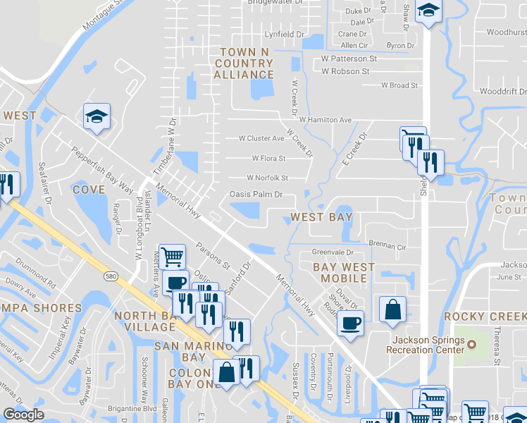 map of restaurants, bars, coffee shops, grocery stores, and more near 10021 Oasis Palm Drive in Tampa