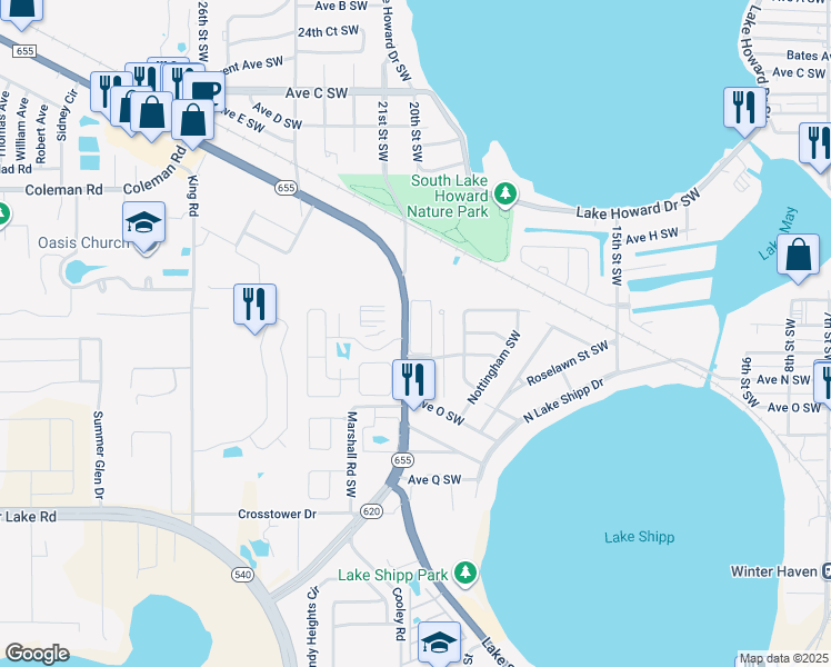 map of restaurants, bars, coffee shops, grocery stores, and more near 2191 Knights Road in Winter Haven