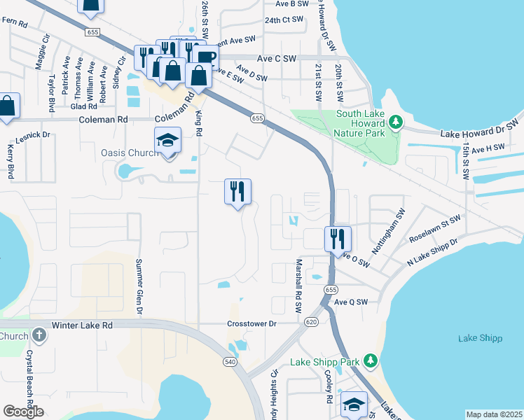map of restaurants, bars, coffee shops, grocery stores, and more near 272 Kings Pond Avenue in Winter Haven