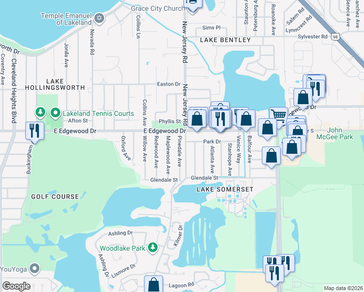 map of restaurants, bars, coffee shops, grocery stores, and more near 2920 Pinedale Avenue in Lakeland
