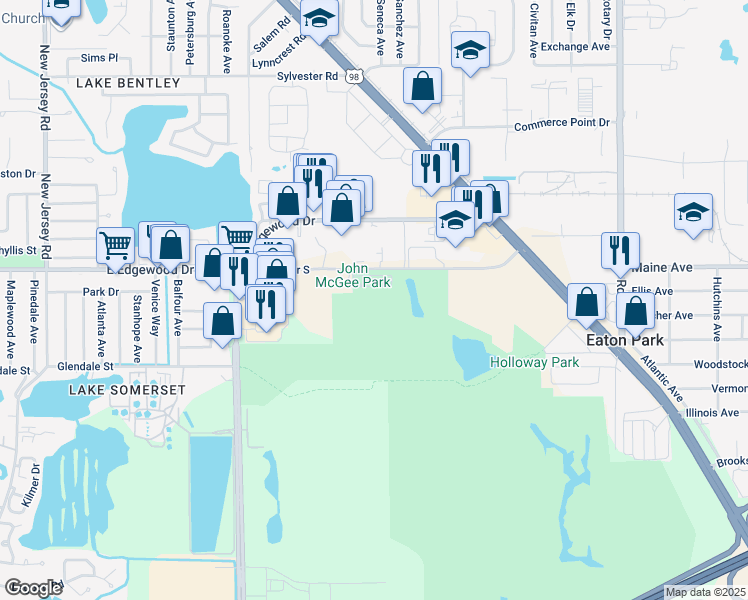map of restaurants, bars, coffee shops, grocery stores, and more near 2399 Edgewood Drive South in Lakeland