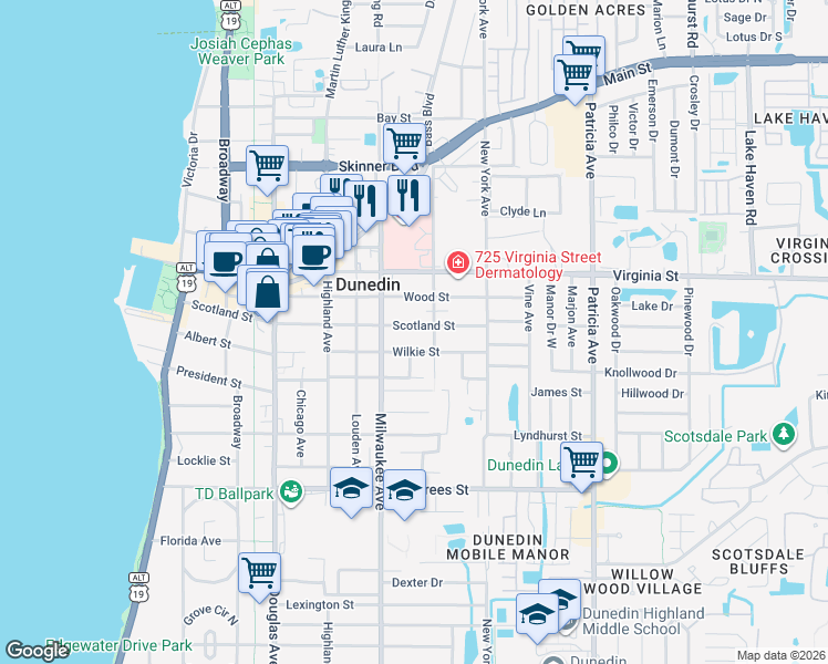 map of restaurants, bars, coffee shops, grocery stores, and more near 637 Scotland Street in Dunedin