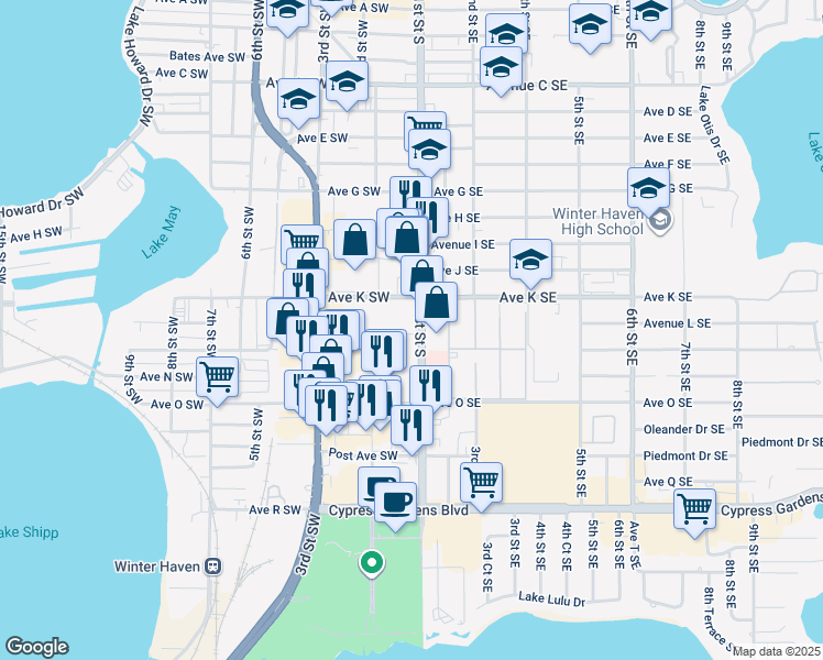 map of restaurants, bars, coffee shops, grocery stores, and more near 1155 1st Street South in Winter Haven