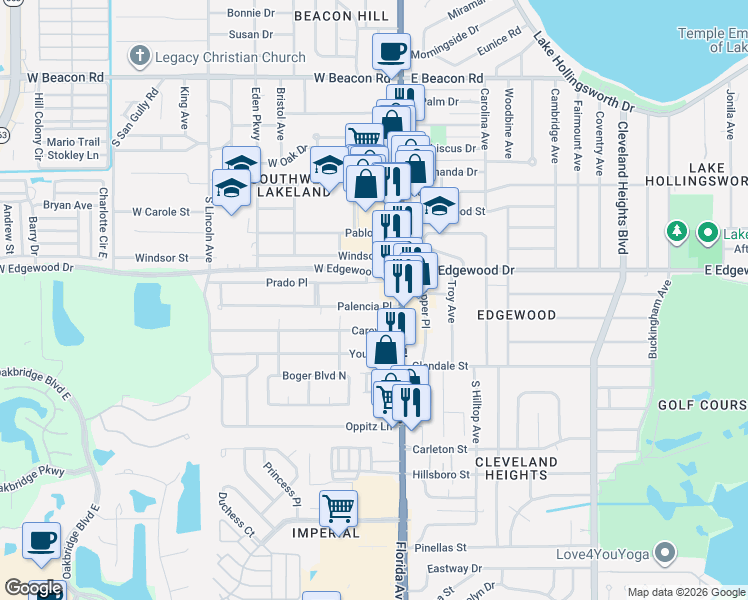 map of restaurants, bars, coffee shops, grocery stores, and more near 126 Palencia Place in Lakeland