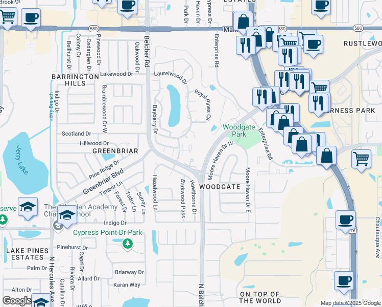 map of restaurants, bars, coffee shops, grocery stores, and more near 2492 Laurelwood Drive in Clearwater