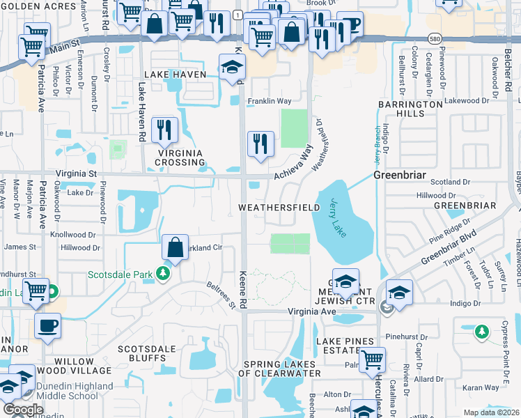 map of restaurants, bars, coffee shops, grocery stores, and more near 1523 Putnam Court in Dunedin