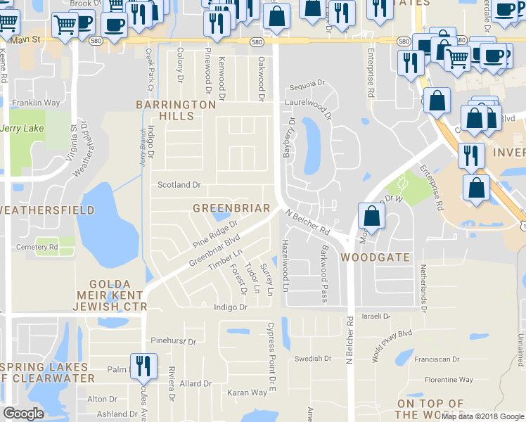 map of restaurants, bars, coffee shops, grocery stores, and more near 2167 Pine Ridge Drive in Clearwater