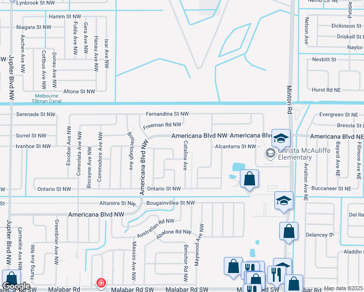 map of restaurants, bars, coffee shops, grocery stores, and more near 407 Albenga Road Northwest in Palm Bay