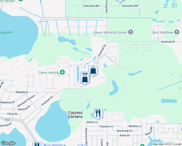 map of restaurants, bars, coffee shops, grocery stores, and more near 800 Martinique Drive in Winter Haven