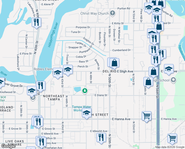 map of restaurants, bars, coffee shops, grocery stores, and more near 6808 North 48th Street in Tampa