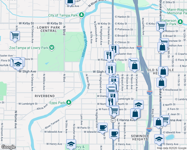 map of restaurants, bars, coffee shops, grocery stores, and more near 211 West Hiawatha Street in Tampa