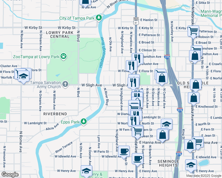 map of restaurants, bars, coffee shops, grocery stores, and more near 211 West Hiawatha Street in Tampa