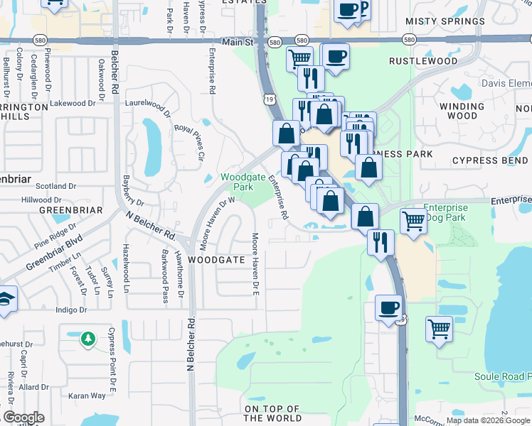 map of restaurants, bars, coffee shops, grocery stores, and more near 2450 Moore Haven Drive East in Clearwater