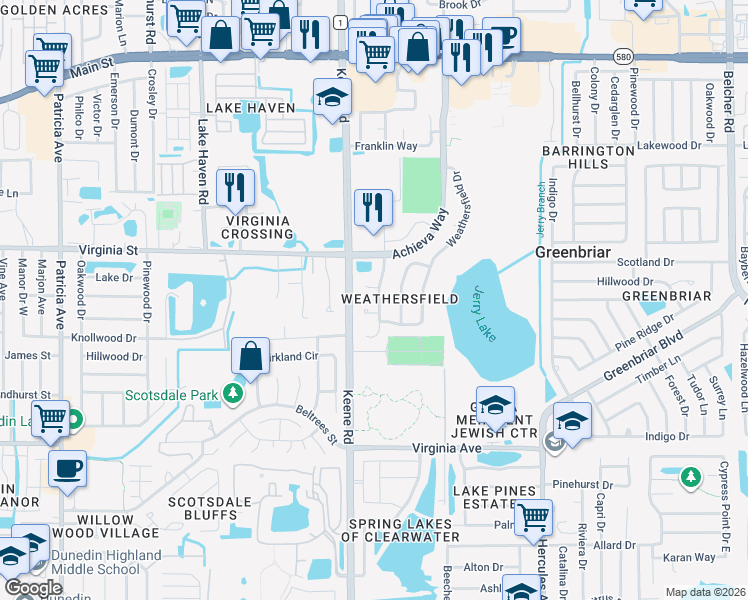 map of restaurants, bars, coffee shops, grocery stores, and more near 1523 Putnam Court in Dunedin