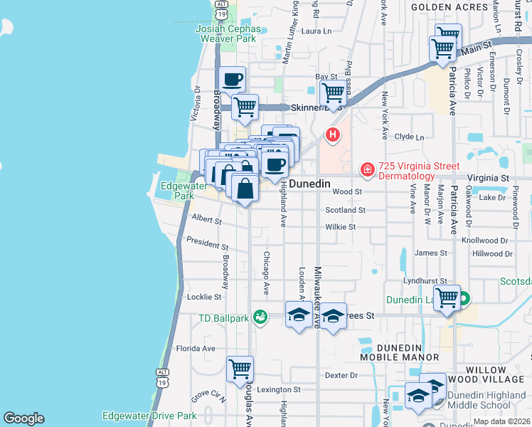 map of restaurants, bars, coffee shops, grocery stores, and more near 443 Cottage Lane in Dunedin