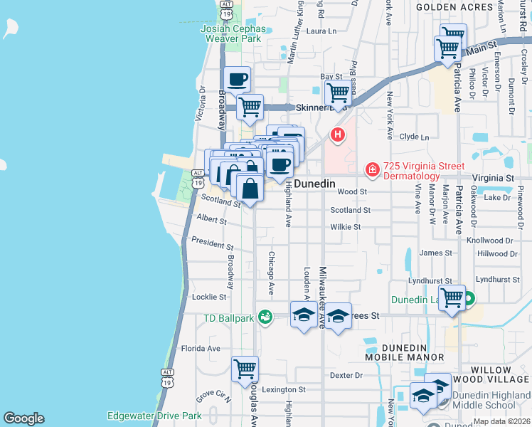 map of restaurants, bars, coffee shops, grocery stores, and more near 443 Cottage Lane in Dunedin