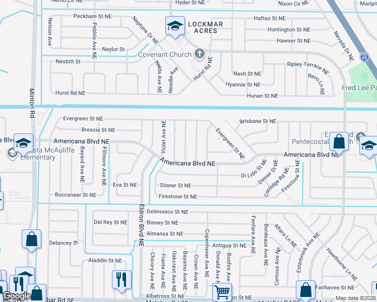 map of restaurants, bars, coffee shops, grocery stores, and more near 491 Americana Boulevard Northeast in Palm Bay