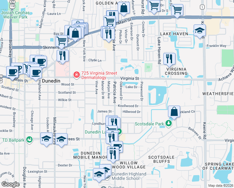map of restaurants, bars, coffee shops, grocery stores, and more near 689 Oakwood Drive in Dunedin