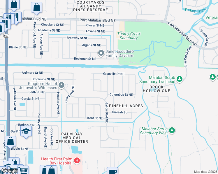 map of restaurants, bars, coffee shops, grocery stores, and more near 543 Bounty Avenue Northeast in Palm Bay
