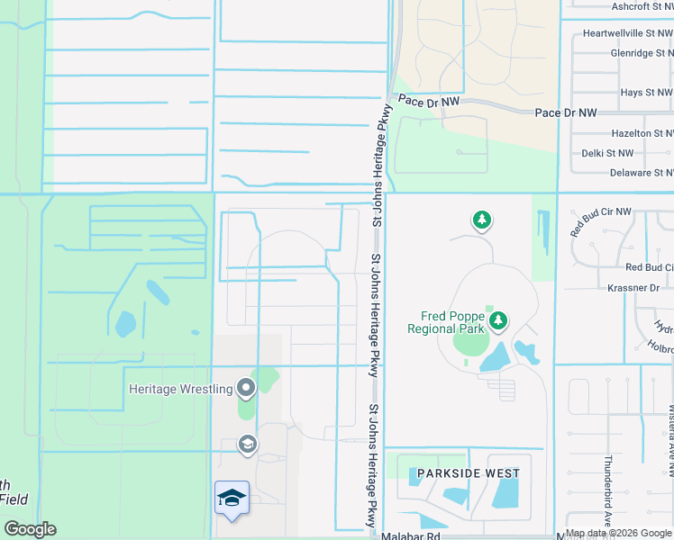 map of restaurants, bars, coffee shops, grocery stores, and more near Saint Johns Heritage Parkway in Palm Bay