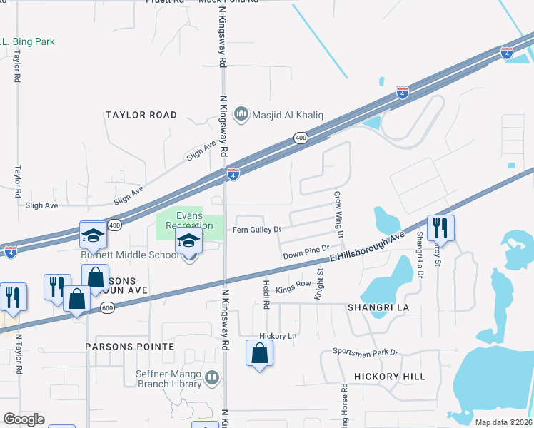 map of restaurants, bars, coffee shops, grocery stores, and more near 1132 Fennel Green Drive in Seffner