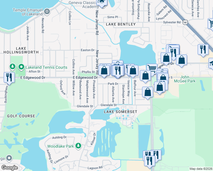 map of restaurants, bars, coffee shops, grocery stores, and more near 1631 Park Drive in Lakeland