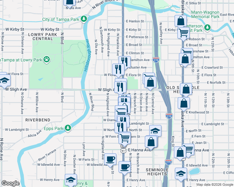 map of restaurants, bars, coffee shops, grocery stores, and more near 117 West Hiawatha Street in Tampa