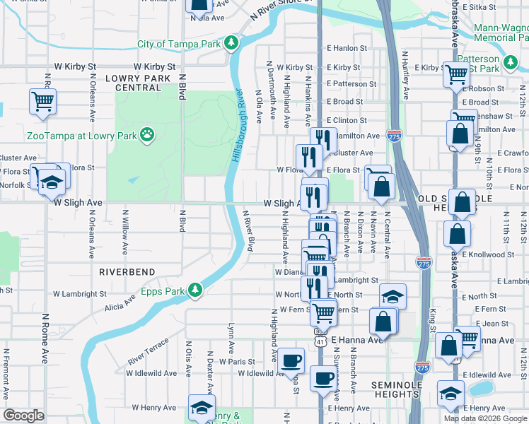 map of restaurants, bars, coffee shops, grocery stores, and more near 211 West Hiawatha Street in Tampa
